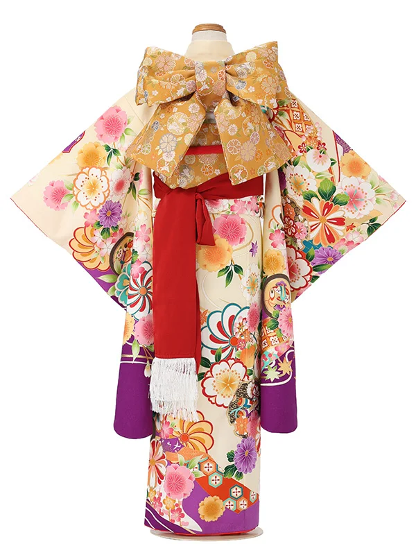 七五三レンタル(7歳女児結び帯)クリーム色×紫 熨斗に四季花 J967