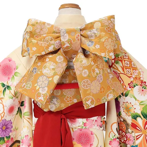 七五三レンタル(7歳女児結び帯)クリーム色×紫 熨斗に四季花 J967