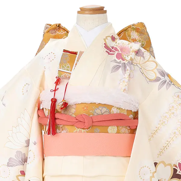 七五三レンタル(7歳女児結び帯)クリーム色 八重桜に菊 J971