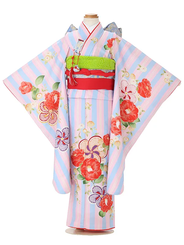 七五三レンタル(7歳女児結び帯)水色×ピンク 椿 J976