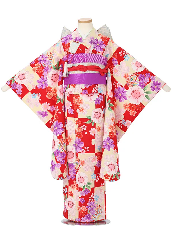 七五三レンタル(6.7歳女児結び帯)赤色 コスモスに桜 J977