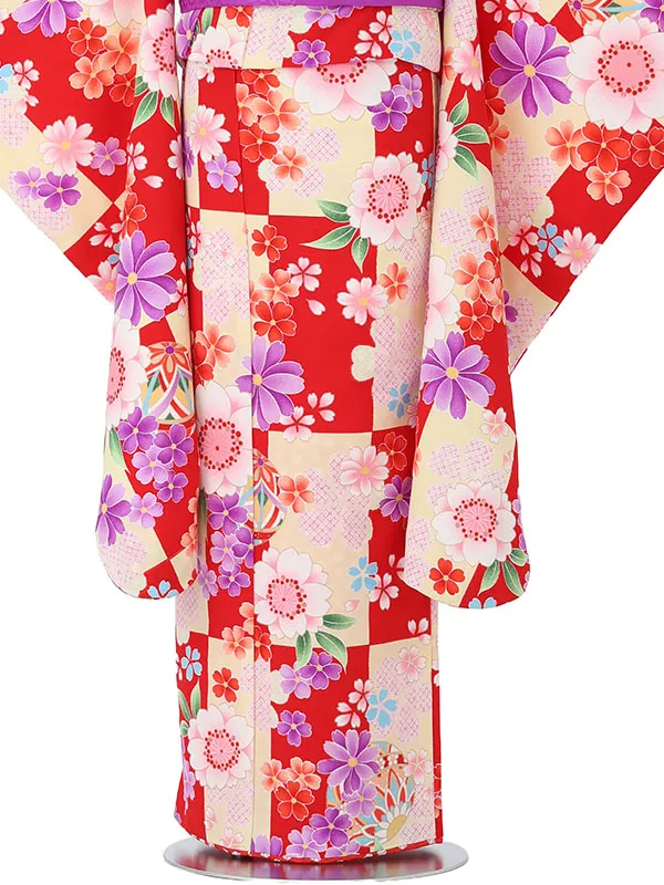 七五三レンタル(6.7歳女児結び帯)赤色 コスモスに桜 J977