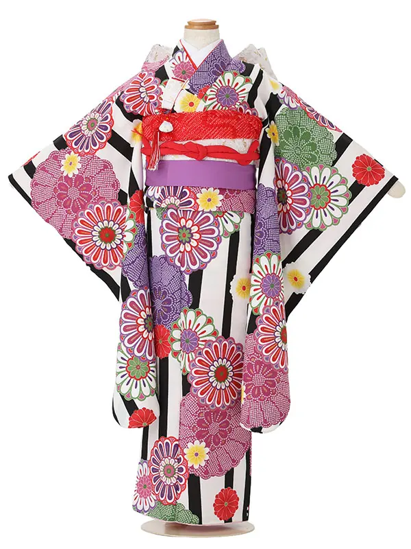 七五三レンタル(6.7歳女児結び帯)白黒 縦縞に菊 J980
