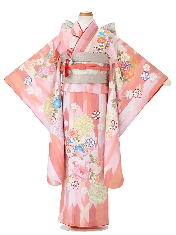 七五三レンタル(6.7歳女児結び帯)ピンク 矢羽に四季花 J982