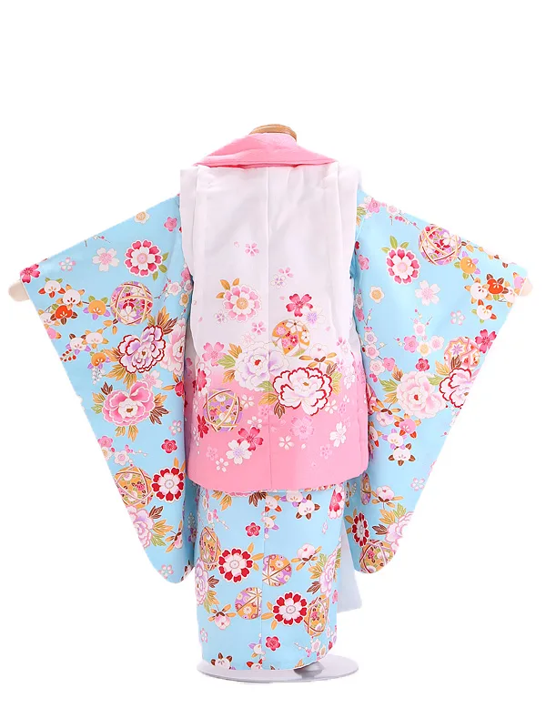 七五三レンタル(3歳女児被布) ／白ピンクぼかしまり牡丹×水色桜橘 Z002