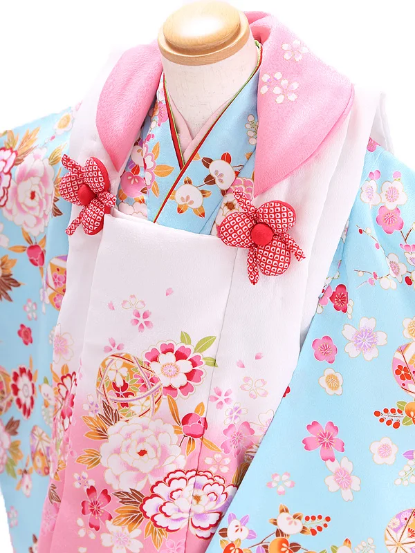 七五三レンタル(3歳女児被布) ／白ピンクぼかしまり牡丹×水色桜橘 Z002