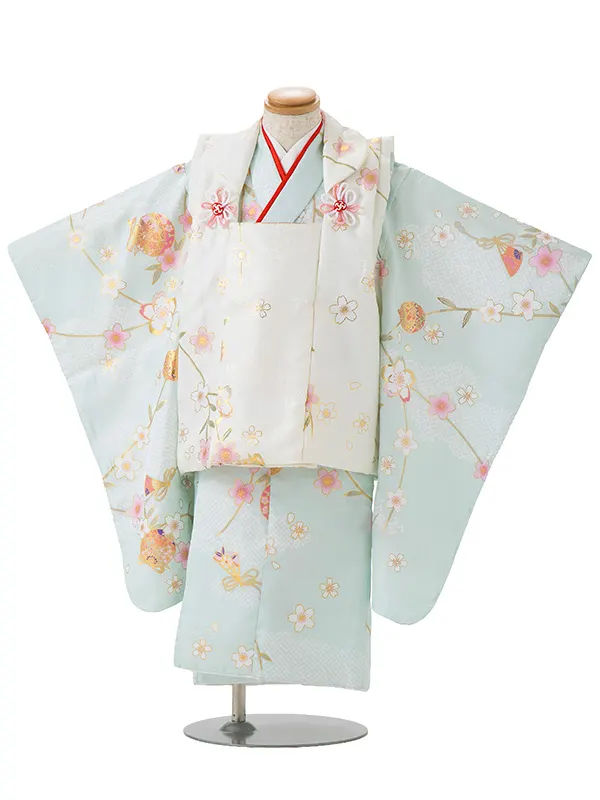 七五三レンタル(3歳女児被布)白 金彩桜×水色 桜鈴 Z180