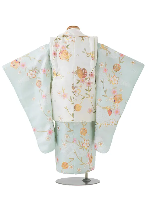 七五三レンタル(3歳女児被布)白 金彩桜×水色 桜鈴 Z180