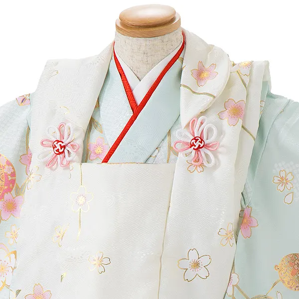 七五三レンタル(3歳女児被布)白 金彩桜×水色 桜鈴 Z180