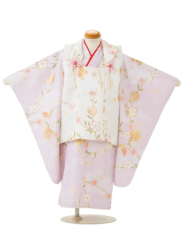 七五三レンタル(3歳女児被布) 白 桜まり×淡ピンク 桜まり Z181