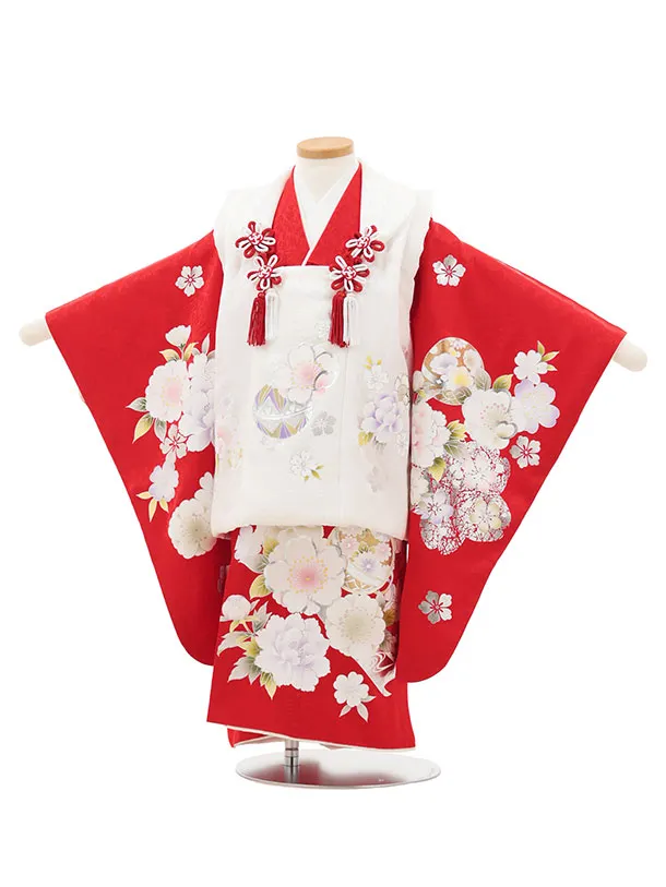 【正絹】七五三レンタル(3歳女児被布)ようよう白銀彩桜まり×赤 牡丹桜 Z183