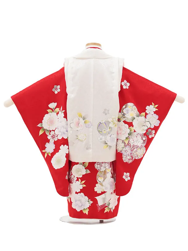 【正絹】七五三レンタル(3歳女児被布)ようよう白銀彩桜まり×赤 牡丹桜 Z183