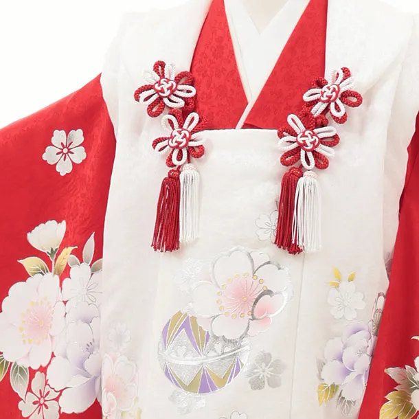 【正絹】七五三レンタル(3歳女児被布)ようよう白銀彩桜まり×赤 牡丹桜 Z183