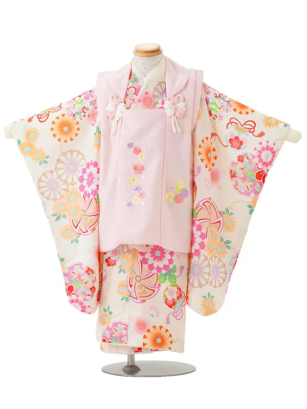 七五三レンタル(3歳女児被布)式部浪漫 ピンク 桜菊刺繍×白 菊 Z185