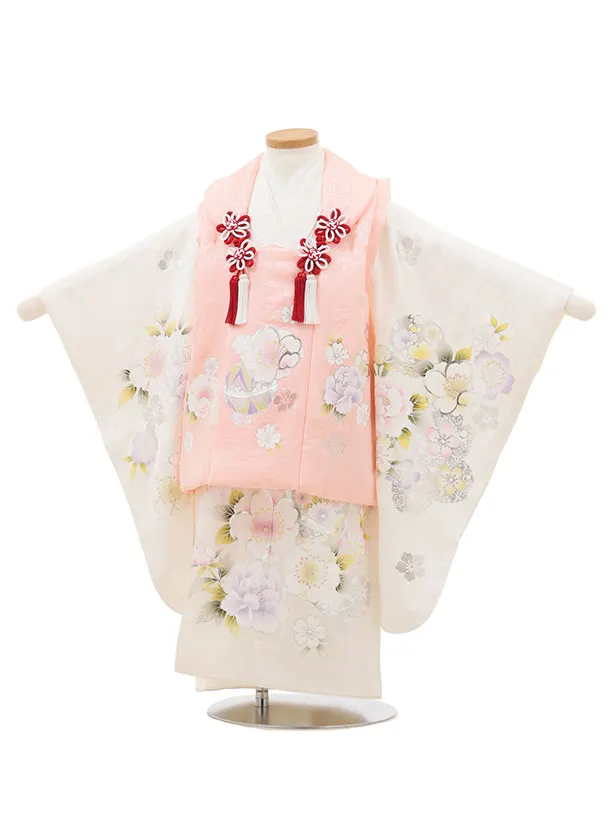 【正絹】七五三レンタル(3歳女児被布)ようようピンク桜まり×白牡丹Z191