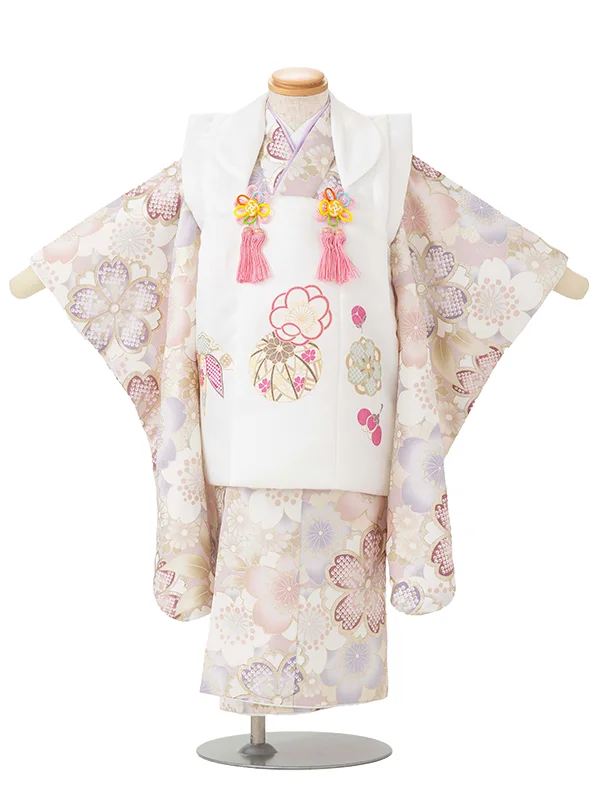 七五三レンタル(3歳女児被布)白 梅まり×薄ピンク 金彩桜づくし Z195