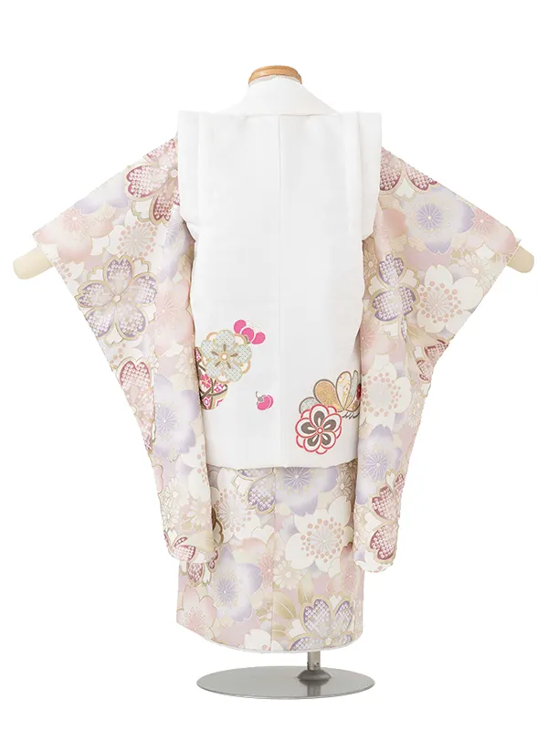七五三レンタル(3歳女児被布)白 梅まり×薄ピンク 金彩桜づくし Z195
