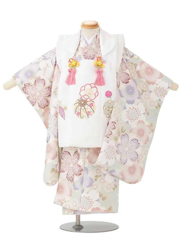 七五三レンタル(3歳女児被布)白 梅まり×淡緑 金彩桜づくし Z196
