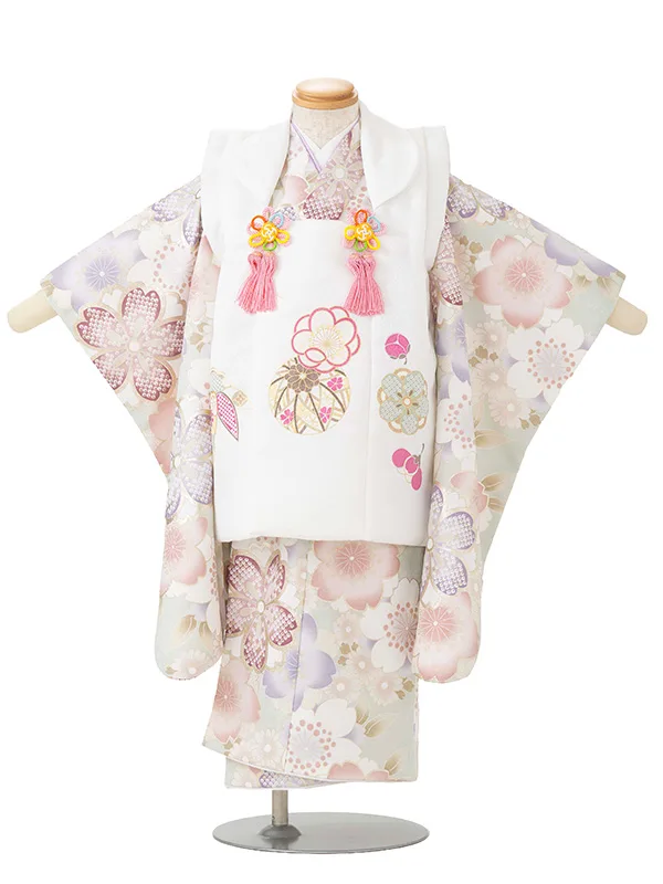 七五三レンタル(3歳女児被布)白 梅まり×淡緑 金彩桜づくし Z196