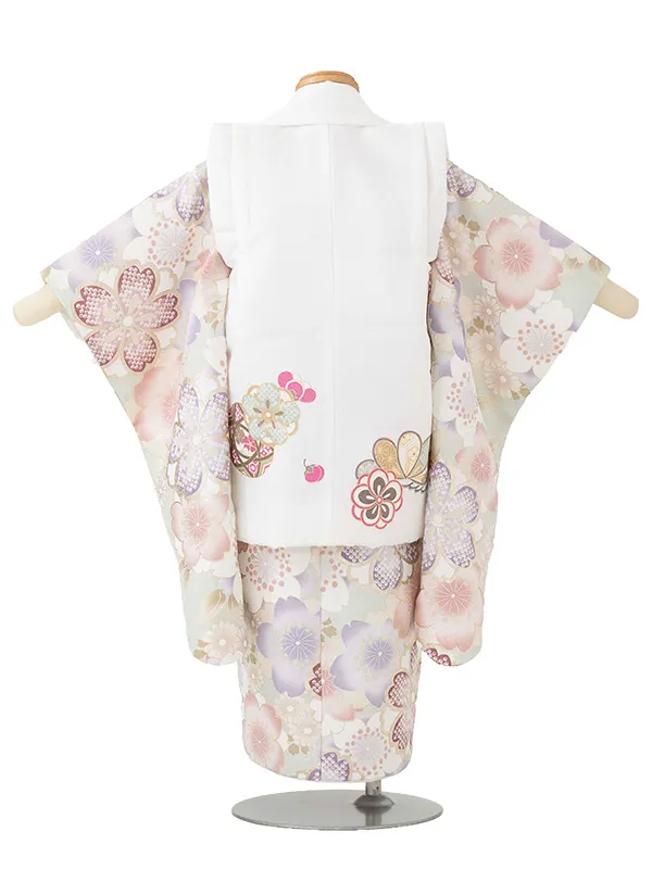 七五三レンタル(3歳女児被布)白 梅まり×淡緑 金彩桜づくし Z196