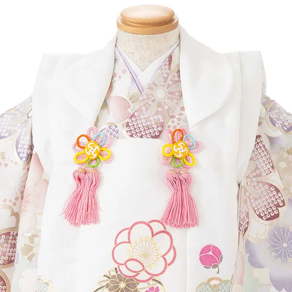 七五三レンタル(3歳女児被布)白 梅まり×淡緑 金彩桜づくし Z196