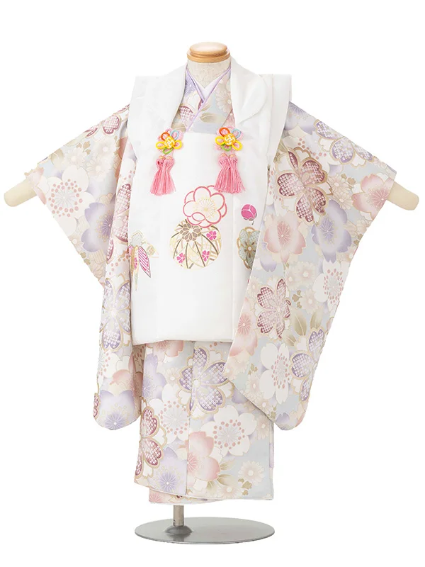 七五三レンタル(3歳女児被布)白梅まり×水色 金彩桜づくし Z197