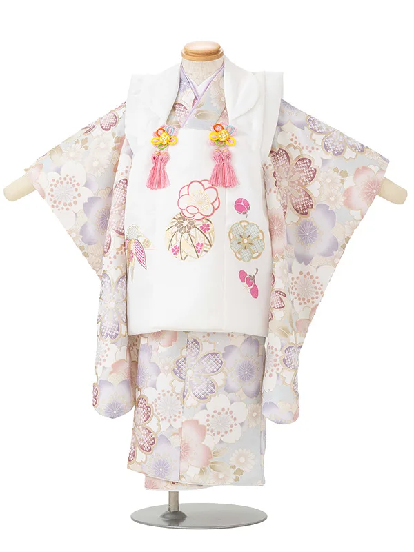 七五三レンタル(3歳女児被布)白梅まり×水色 金彩桜づくし Z197