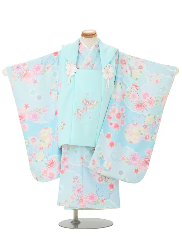 七五三レンタル(3歳女児被布)式部浪漫 水色熨斗×菊桜 Z207