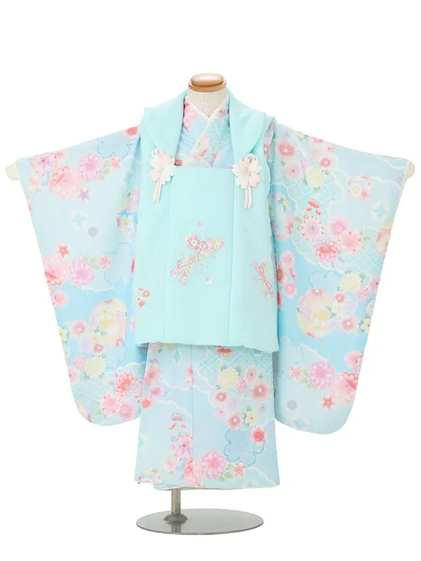 七五三レンタル(3歳女児被布)式部浪漫 水色熨斗×菊桜 Z207