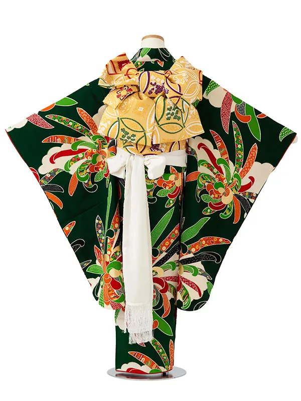 【正絹】七五三レンタル(7歳女児結び帯)紅一点 緑　乱菊 Z786