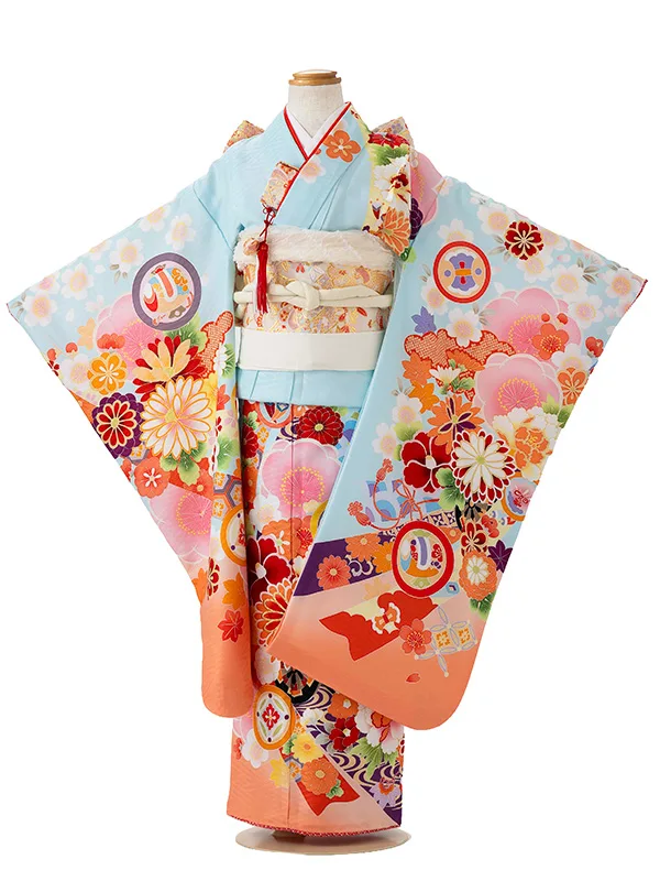 七五三レンタル(7歳女児結び帯)水色 オレンジ 熨斗に桜と牡丹 Z793