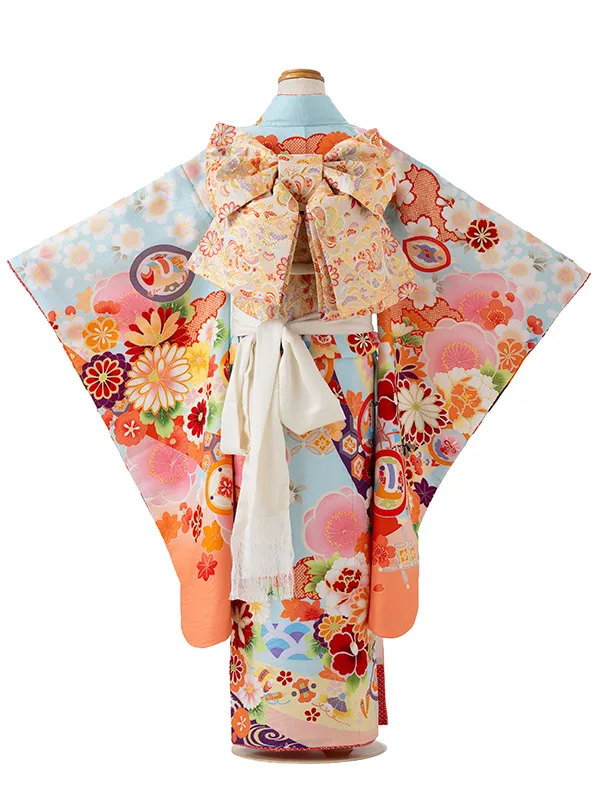 七五三レンタル(7歳女児結び帯)水色 オレンジ 熨斗に桜と牡丹 Z793