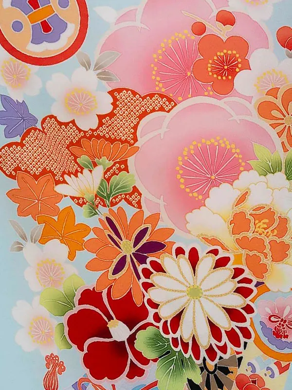 七五三レンタル(7歳女児結び帯)水色 オレンジ 熨斗に桜と牡丹 Z793