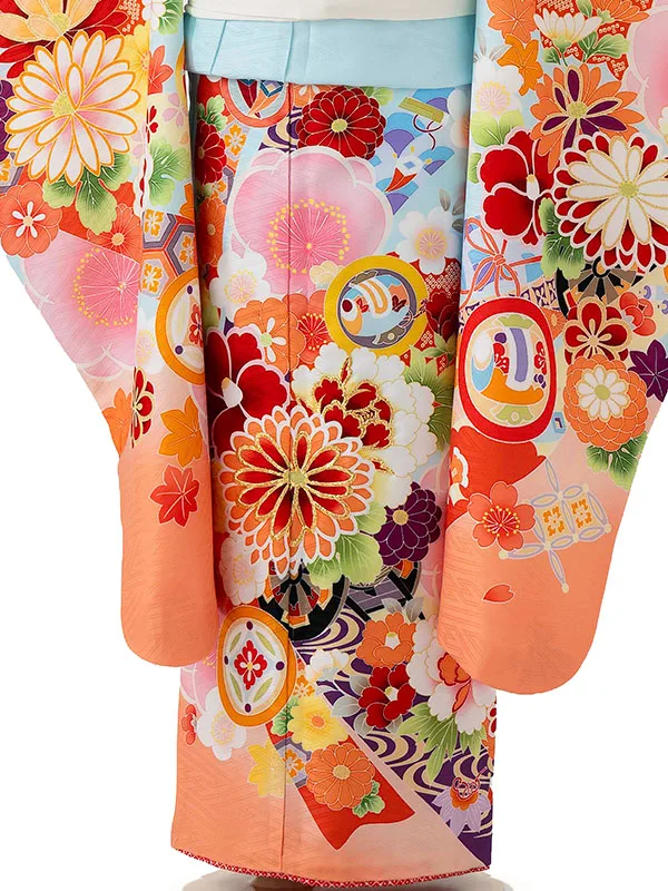 七五三レンタル(7歳女児結び帯)水色 オレンジ 熨斗に桜と牡丹 Z793