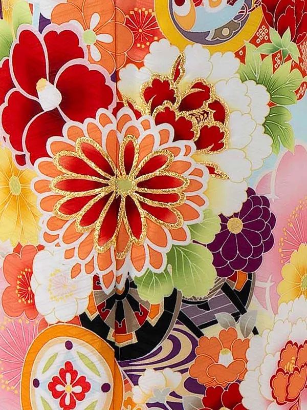 七五三レンタル(7歳女児結び帯)水色 オレンジ 熨斗に桜と牡丹 Z793