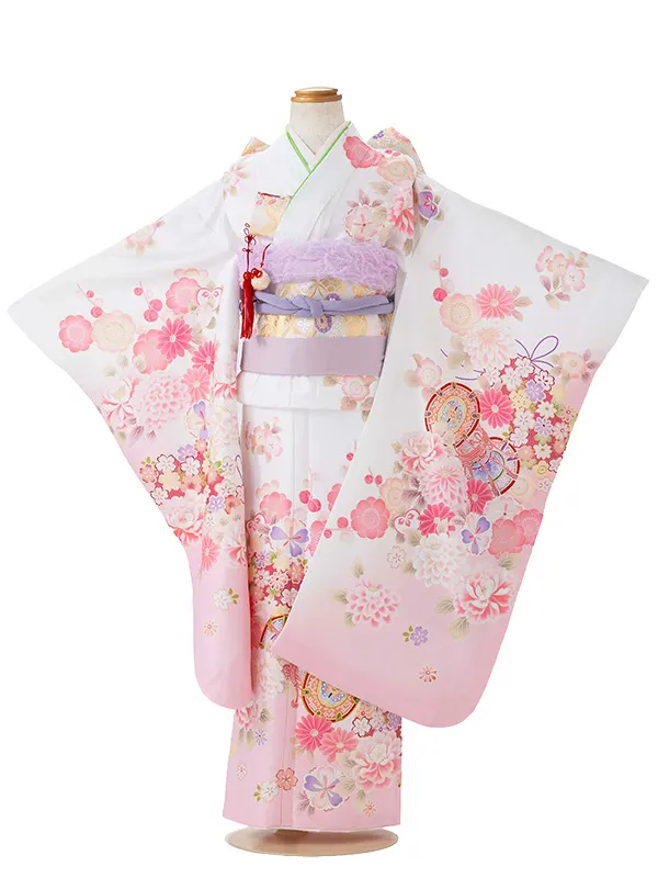 七五三レンタル(7歳女児結び帯)白ピンク 鼓に牡丹と桜 Z799
