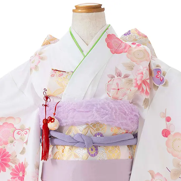 七五三レンタル(7歳女児結び帯)白ピンク 鼓に牡丹と桜 Z799