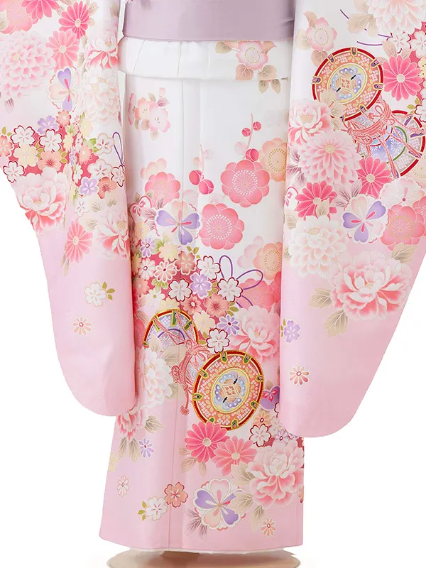 七五三レンタル(7歳女児結び帯)白ピンク 鼓に牡丹と桜 Z799