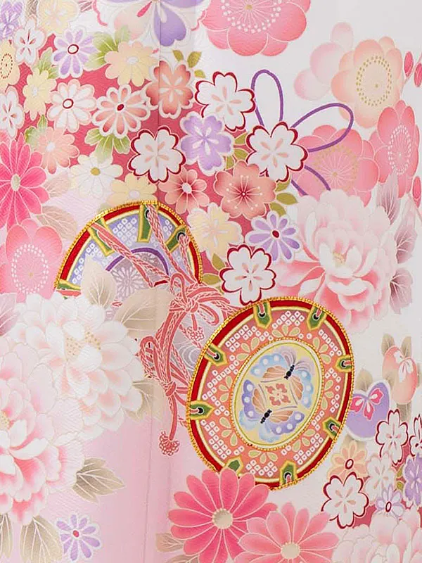 七五三レンタル(7歳女児結び帯)白ピンク 鼓に牡丹と桜 Z799
