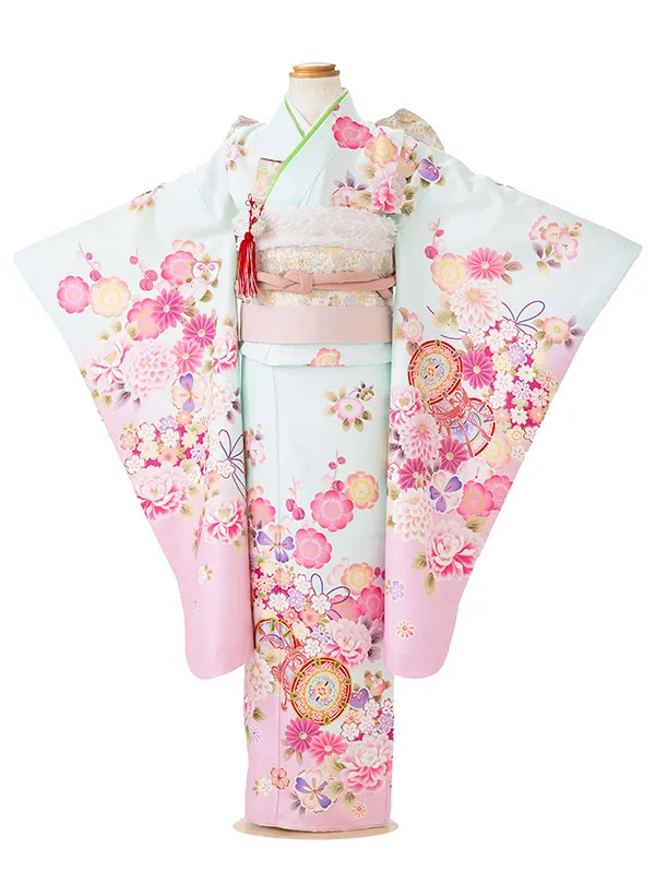 七五三レンタル(7歳女児結び帯)グリーン 四季花に鼓 Z800