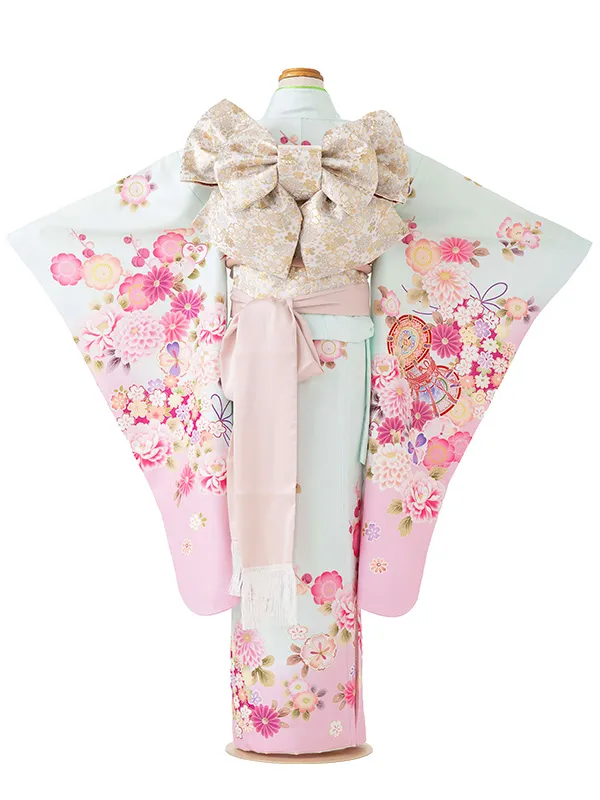 七五三レンタル(7歳女児結び帯)グリーン 四季花に鼓 Z800