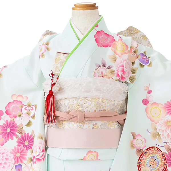 七五三レンタル(7歳女児結び帯)グリーン 四季花に鼓 Z800