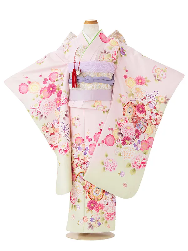 七五三レンタル(7歳女児結び帯)薄ピンク 鼓に牡丹と桜 Z801