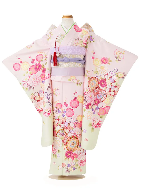 七五三レンタル(7歳女児結び帯)薄ピンク 鼓に牡丹と桜 Z801