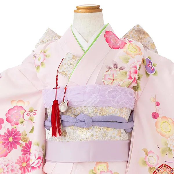 七五三レンタル(7歳女児結び帯)薄ピンク 鼓に牡丹と桜 Z801