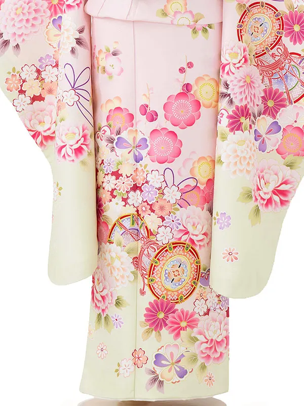 七五三レンタル(7歳女児結び帯)薄ピンク 鼓に牡丹と桜 Z801