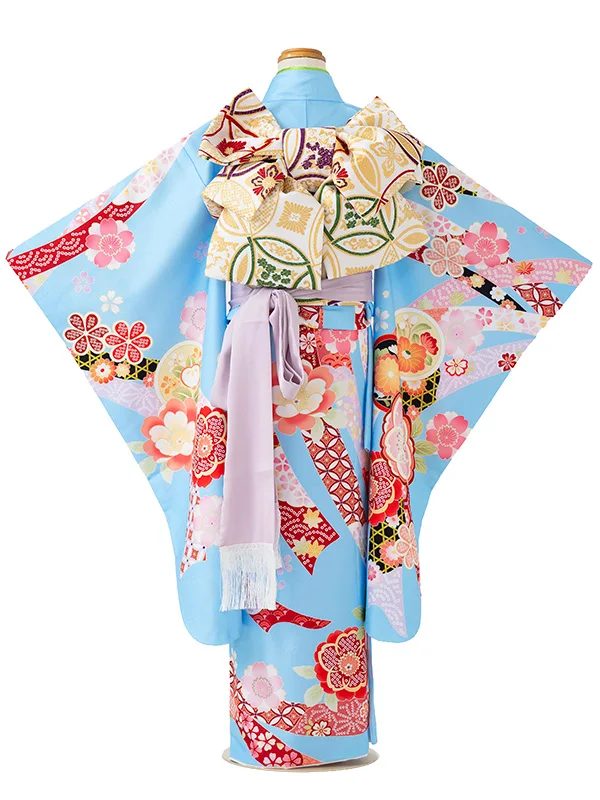 七五三レンタル(7歳女児結び帯)水色 桜 Z802