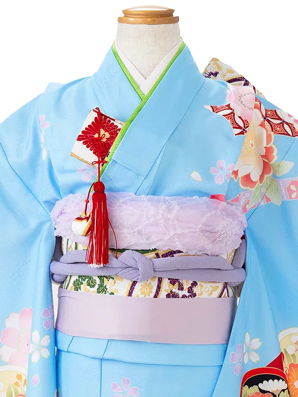 七五三レンタル(7歳女児結び帯)水色 桜 Z802