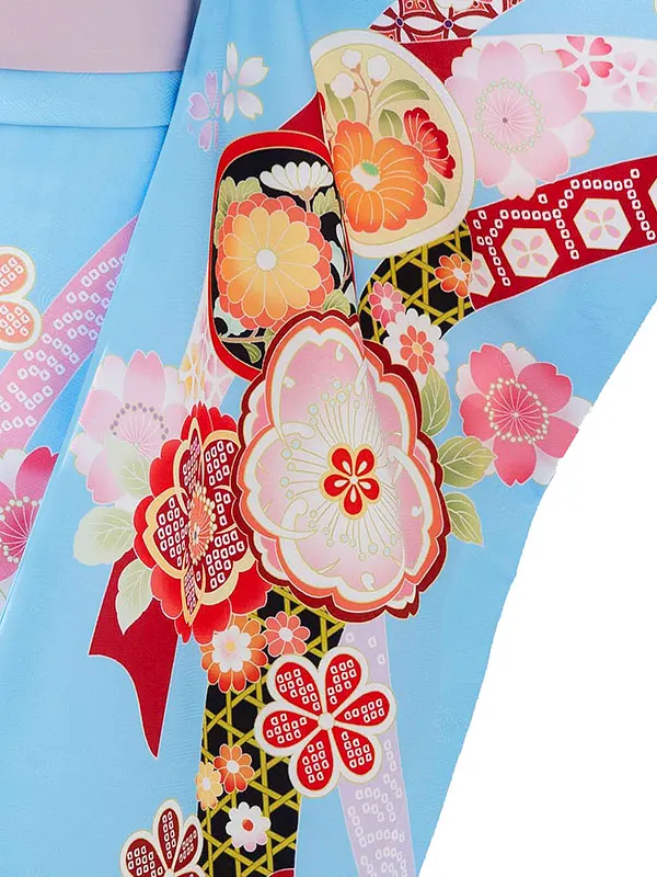 七五三レンタル(7歳女児結び帯)水色 桜 Z802