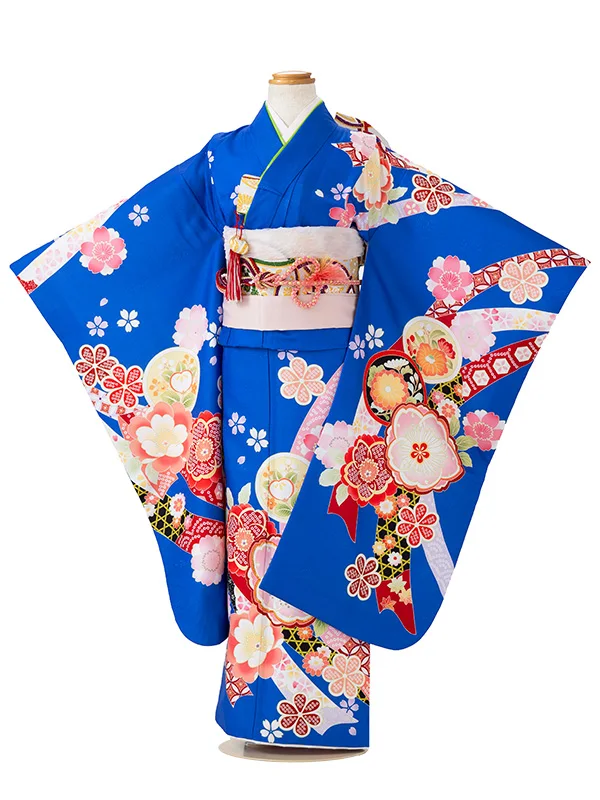 七五三レンタル(7歳女児結び帯)青　桜 Z803